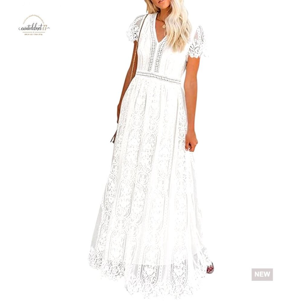 V-Neck Floral Lace Maxi Dress A-Line Boho Wedding Bridesmaid Cocktail